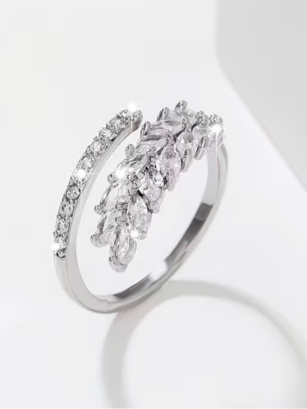 Fashionable Copper Inlaid Zirconia Wheat Ring Versatile Silvery Adjustable Ring